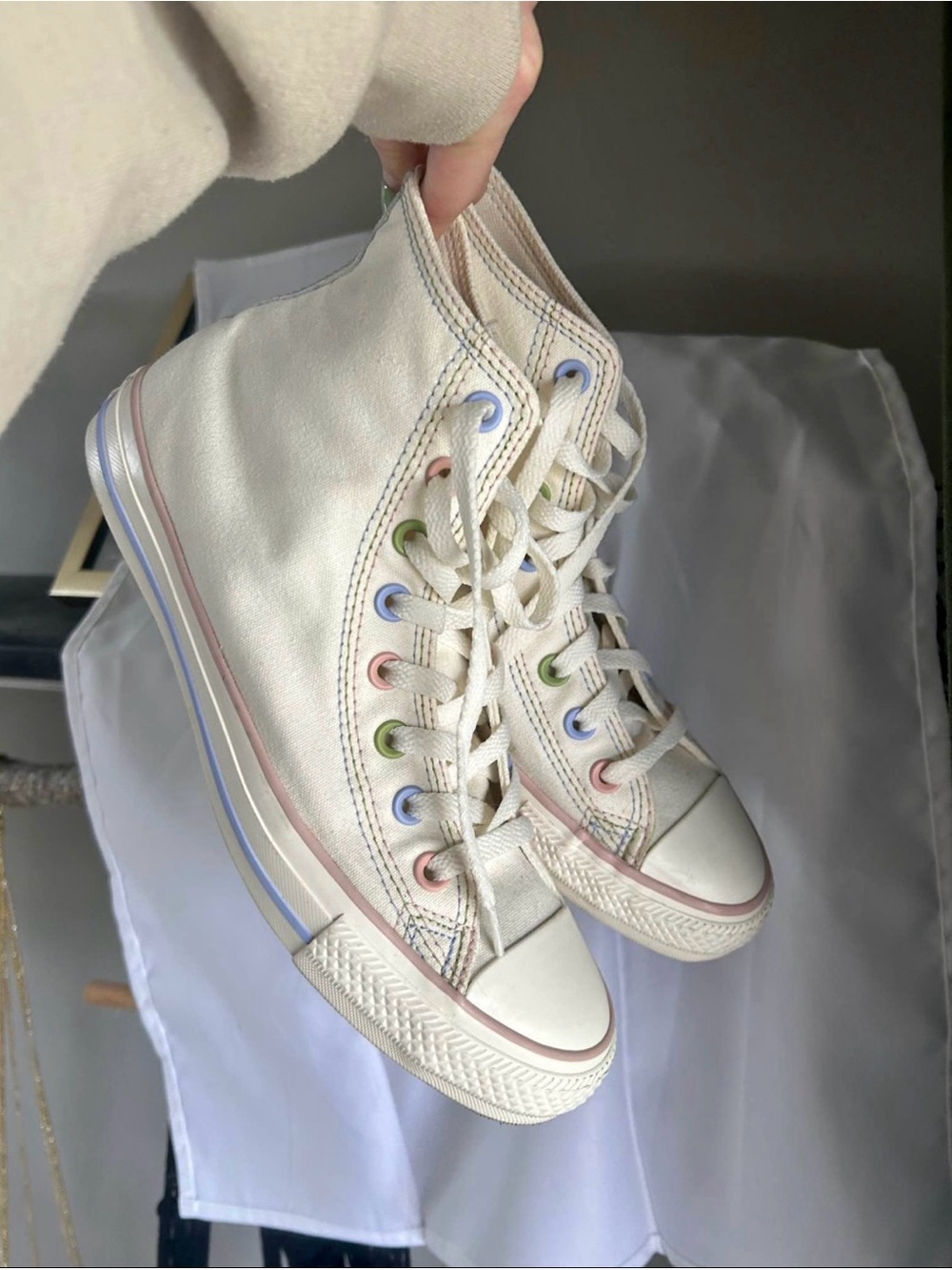 Converse High-Top Sneakers in Cream with Pastel Eyelets